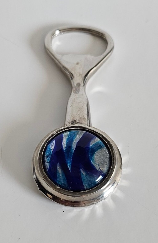 Vtg Murano Art Blue Abstract Chrome Beer Bottle Opener Hand Held