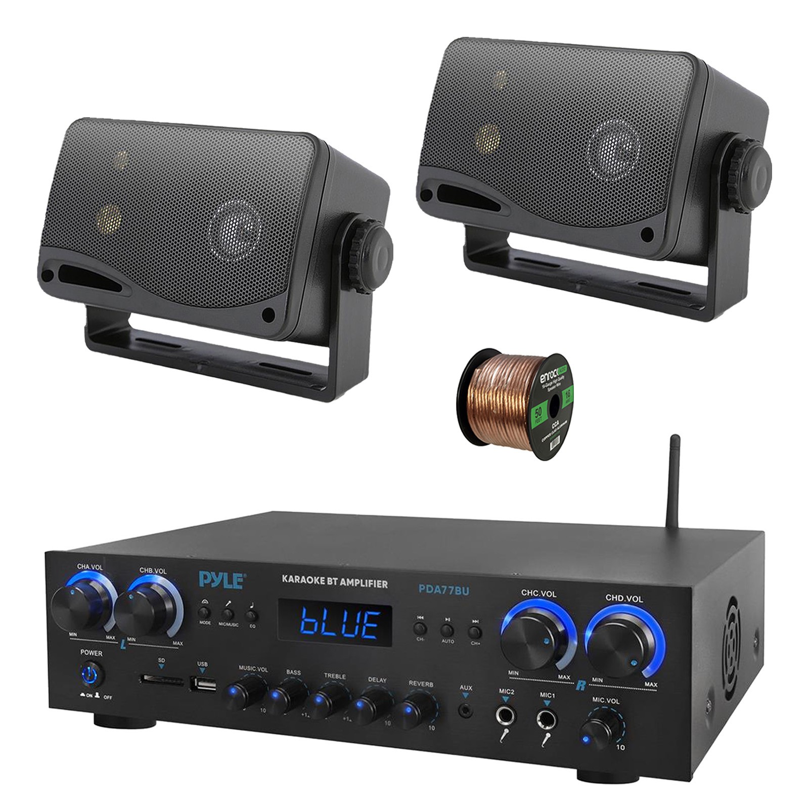 Pyle PDA77BU 4-Channel Home Audio Bluetooth Receiver, 2x 3.5" 200W Speaker,Wire