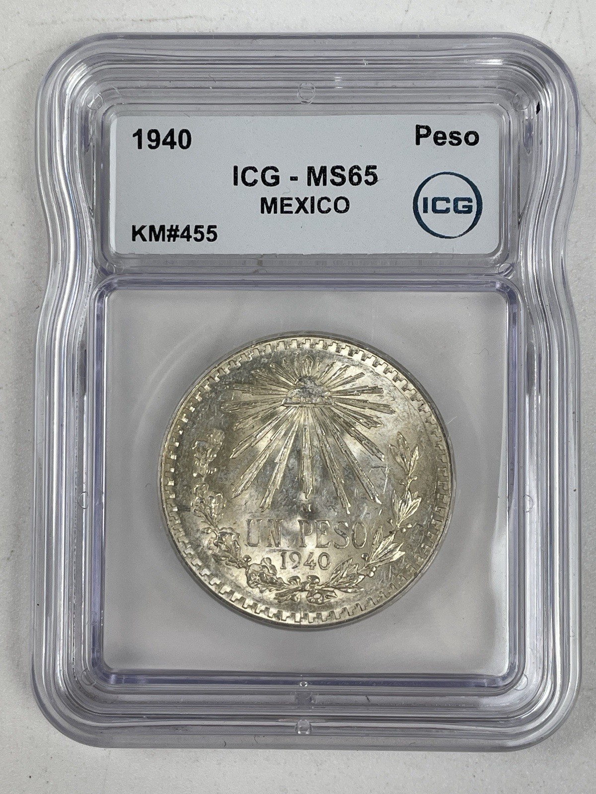 Mexico 1940 1 Peso Silver Coin ICG MS 65 KM#455 Fineness 0.720 World Silver Coin