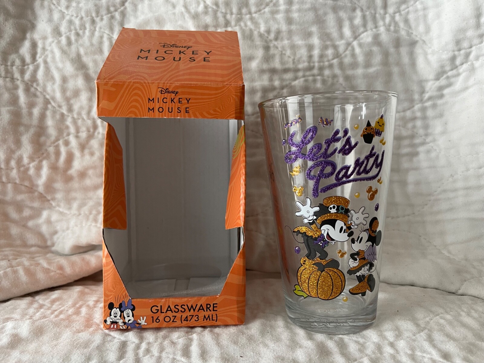 Disney Mickey & Minnie LET'S PARTY Glitter Halloween Glassware 16 oz Glass