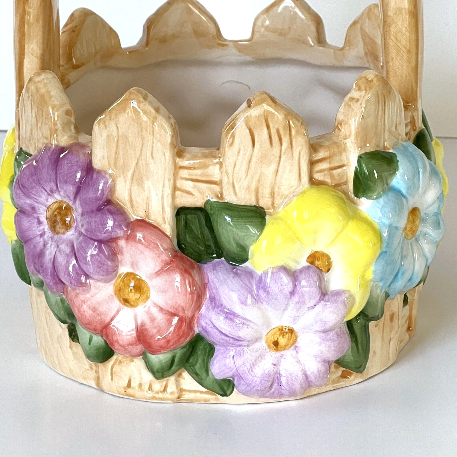 Ceramic Basket Planter Easter Spring Picket Fence Multicolor Spring Flowers