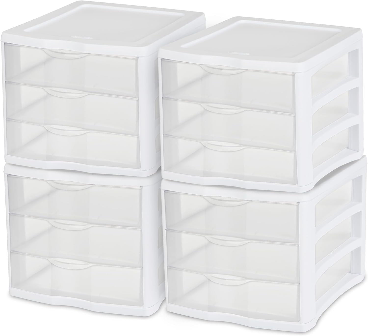 4-Pack 3 Drawer Unit, Stackable Plastic Organizer with Drawers, White Frame - Mu
