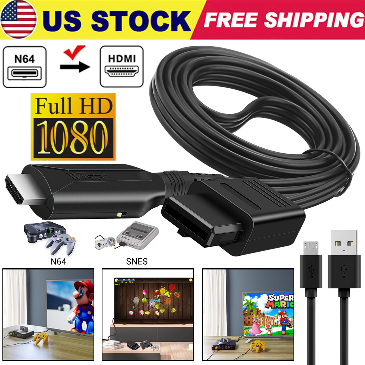1080P HD N64 To HDMI Converter Adapter Cable For N64 GameCube SNES Plug & Play