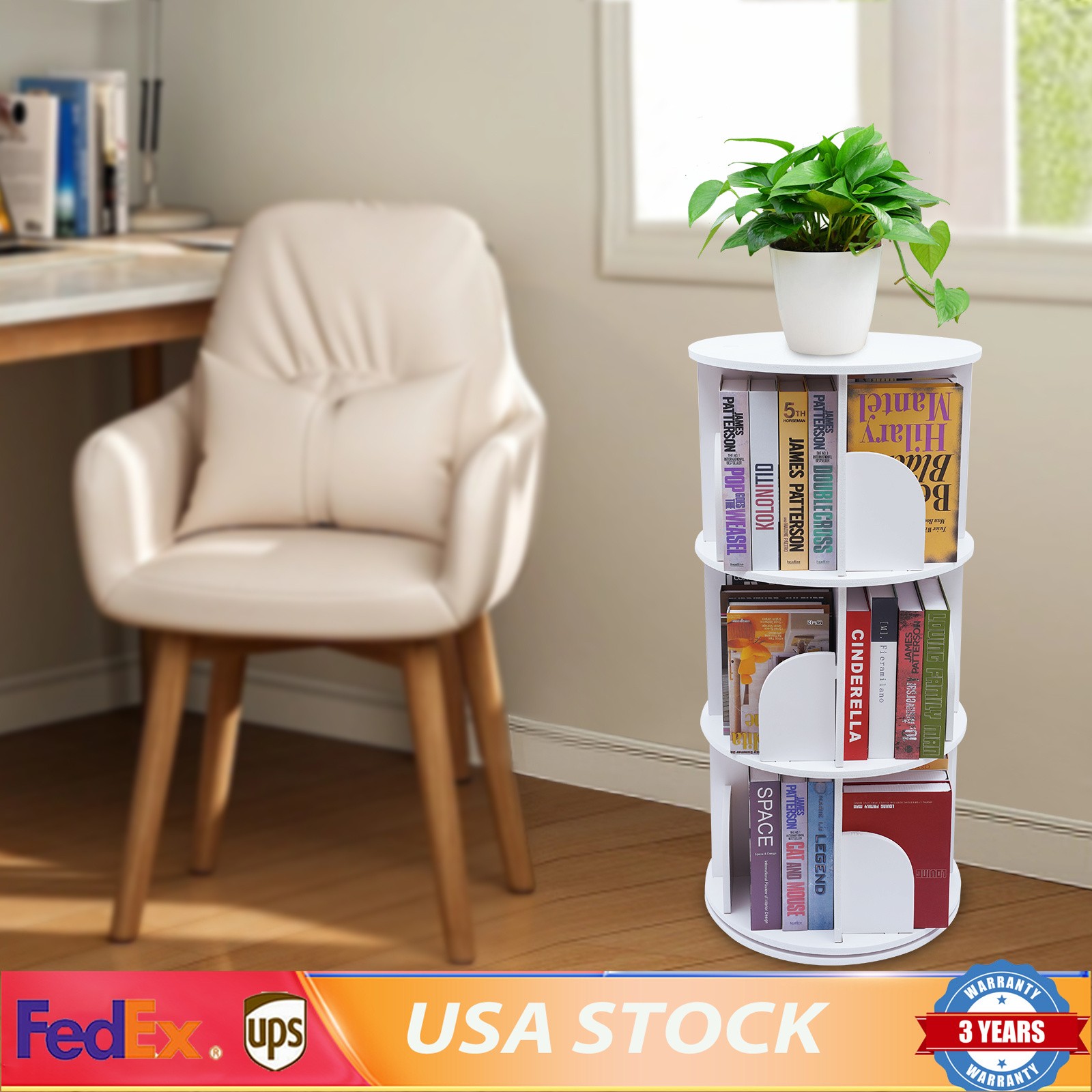 3 Tiers 360?? Rotating Stackable Shelves Bookshelf Organizer Floor Standing USA