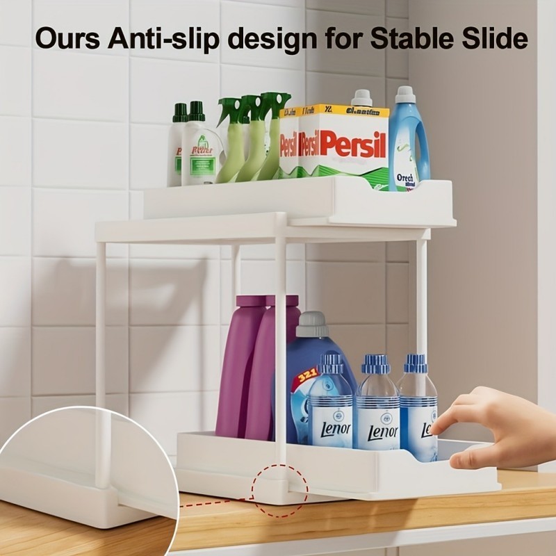 2Pcs White 2-Tier Pull Out Storage Shelf Kitchen Bathroom Counter Organizer