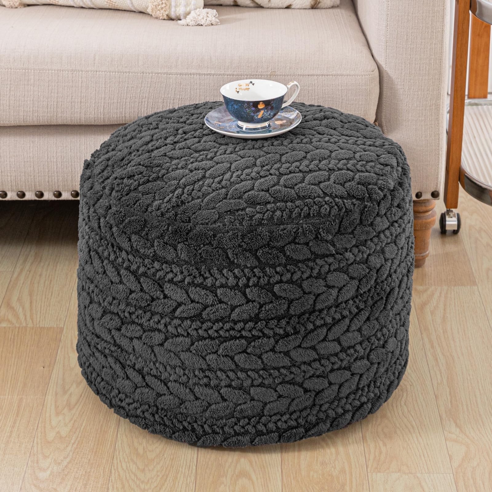 Unstuffed Ottoman Pouf Cover – Round Faux Fur Footstool Plush Floor Pouf (No ...