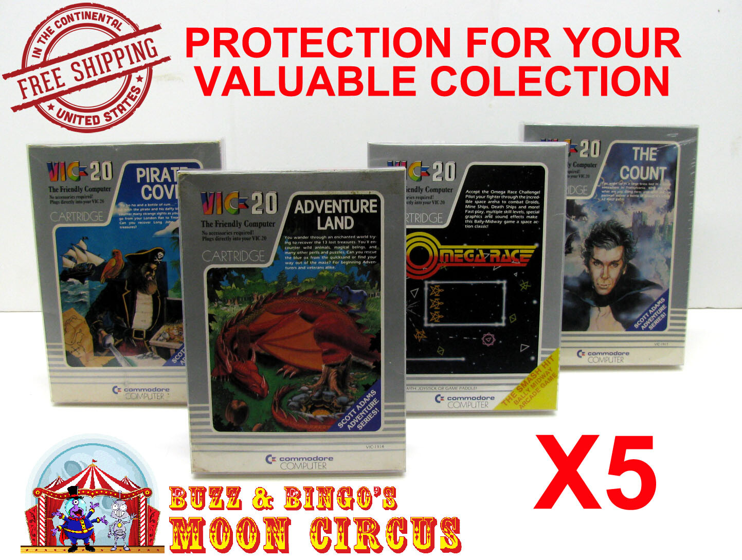 5X COMMODORE VIC 20 CIB CARTRIDGE BOX - CLEAR PROTECTIVE BOX PROTECTOR SLEEVE