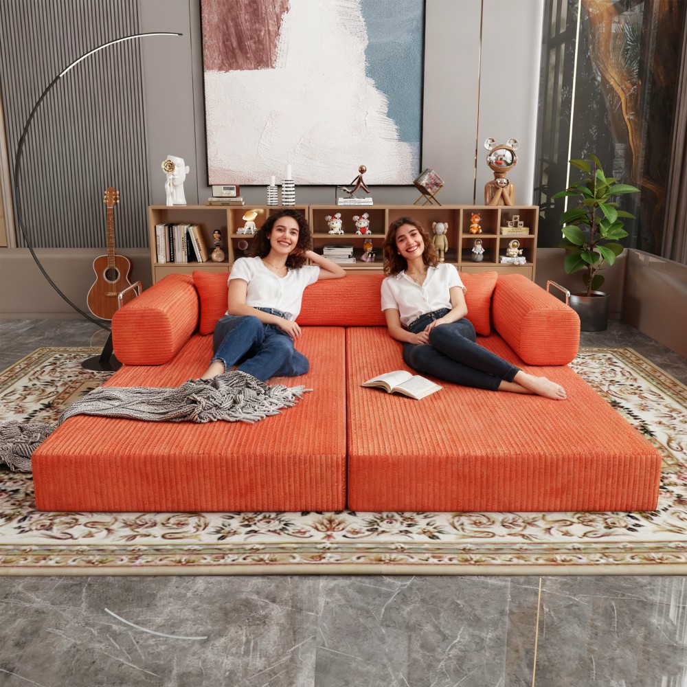 Sleeper Sofa Bed 2-Seater Convertible Couch Corduroy Foam Orange