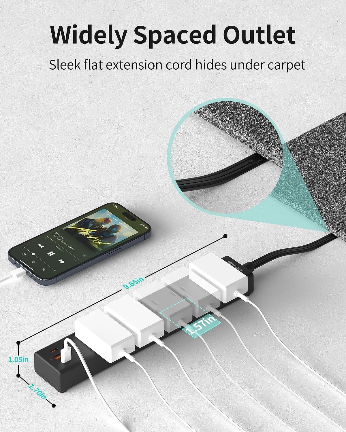 6FT Mountable Power Strip with 5 Outlets + USB Slots: Safe & Stylish Solution