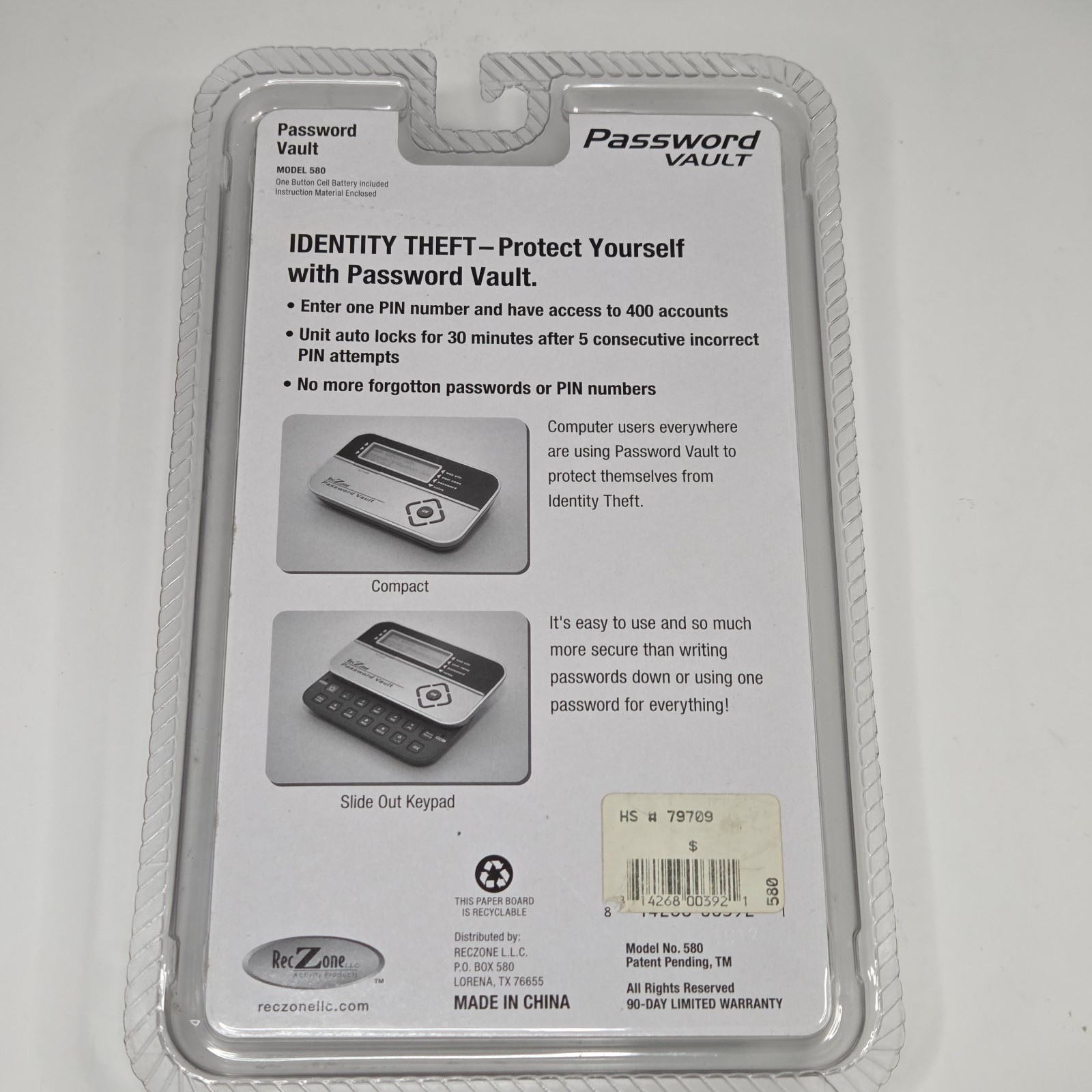Password Vault 580 Secure Electronic Password Storage RecZone - New Sealed