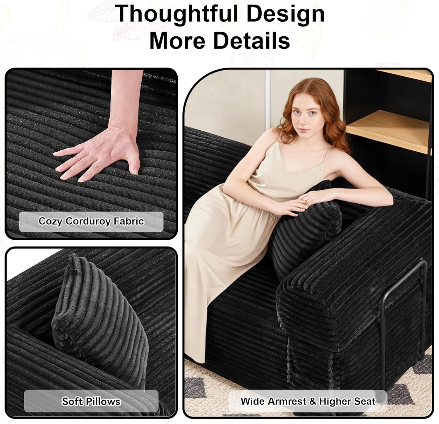 Boneless Convertible Couch Corduroy Sofa with 2 Pillows + Removable Backrest