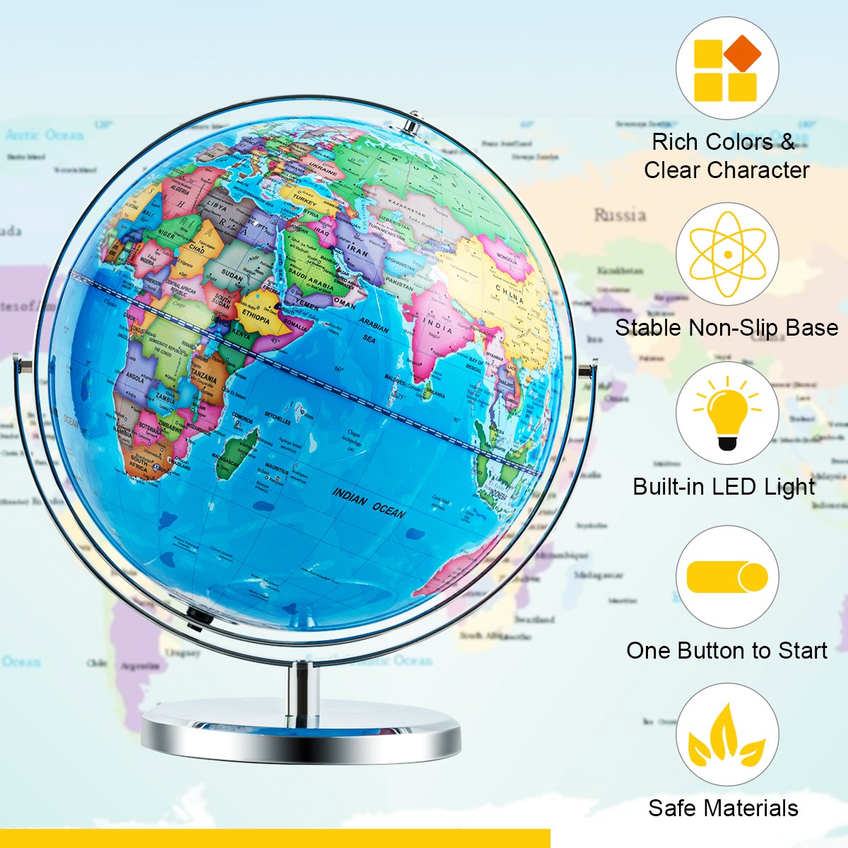 13" Illuminated World Globe 720° Rotating Study Cartography Map W/ LED Light