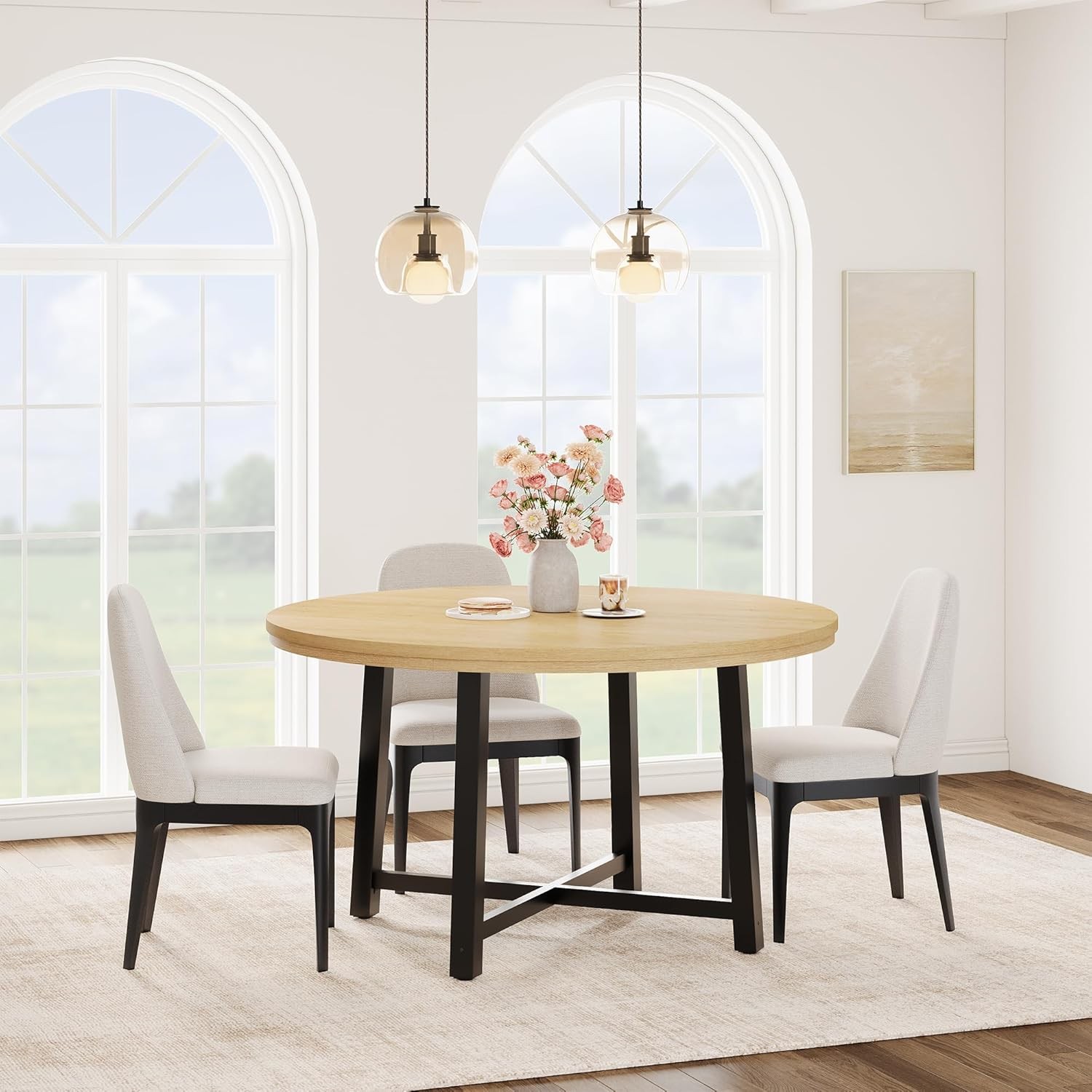 47" Round Dining Table for 4, Kitchen Dining Room Table with Sturdy Metal Frame,