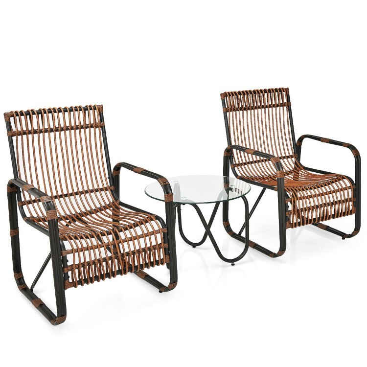 3PCS Patio Outdoor Furniture Rattan Conversation Set With 2 Single Wicker Chairs