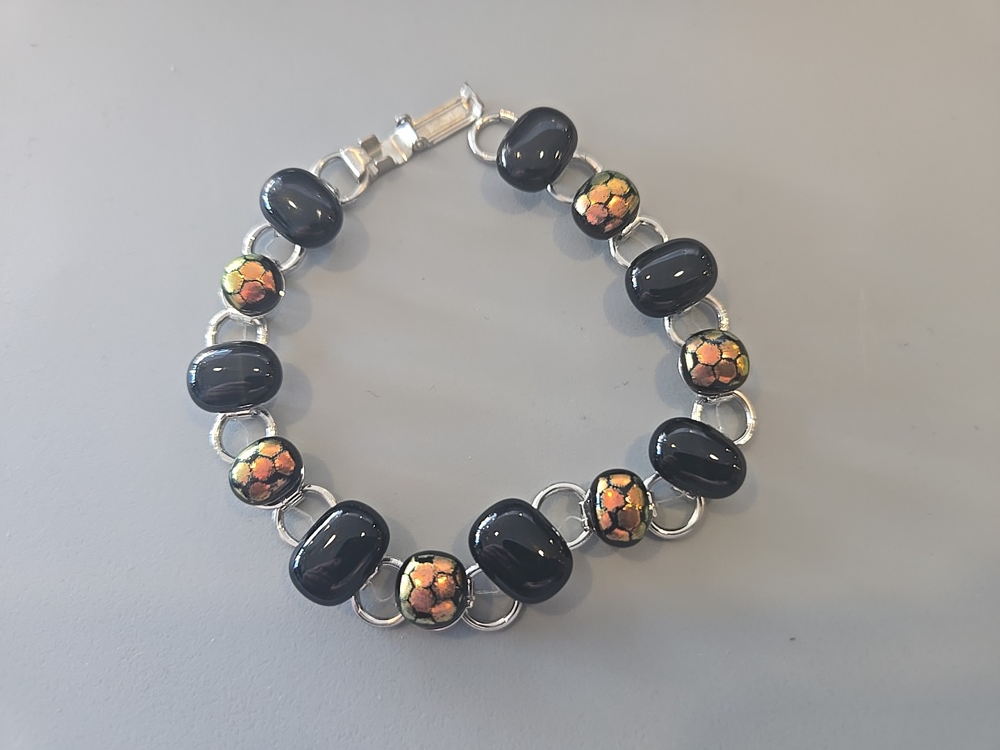 Handmade Fused Glass Bracelet Black & Iridescent Orange 7.5"