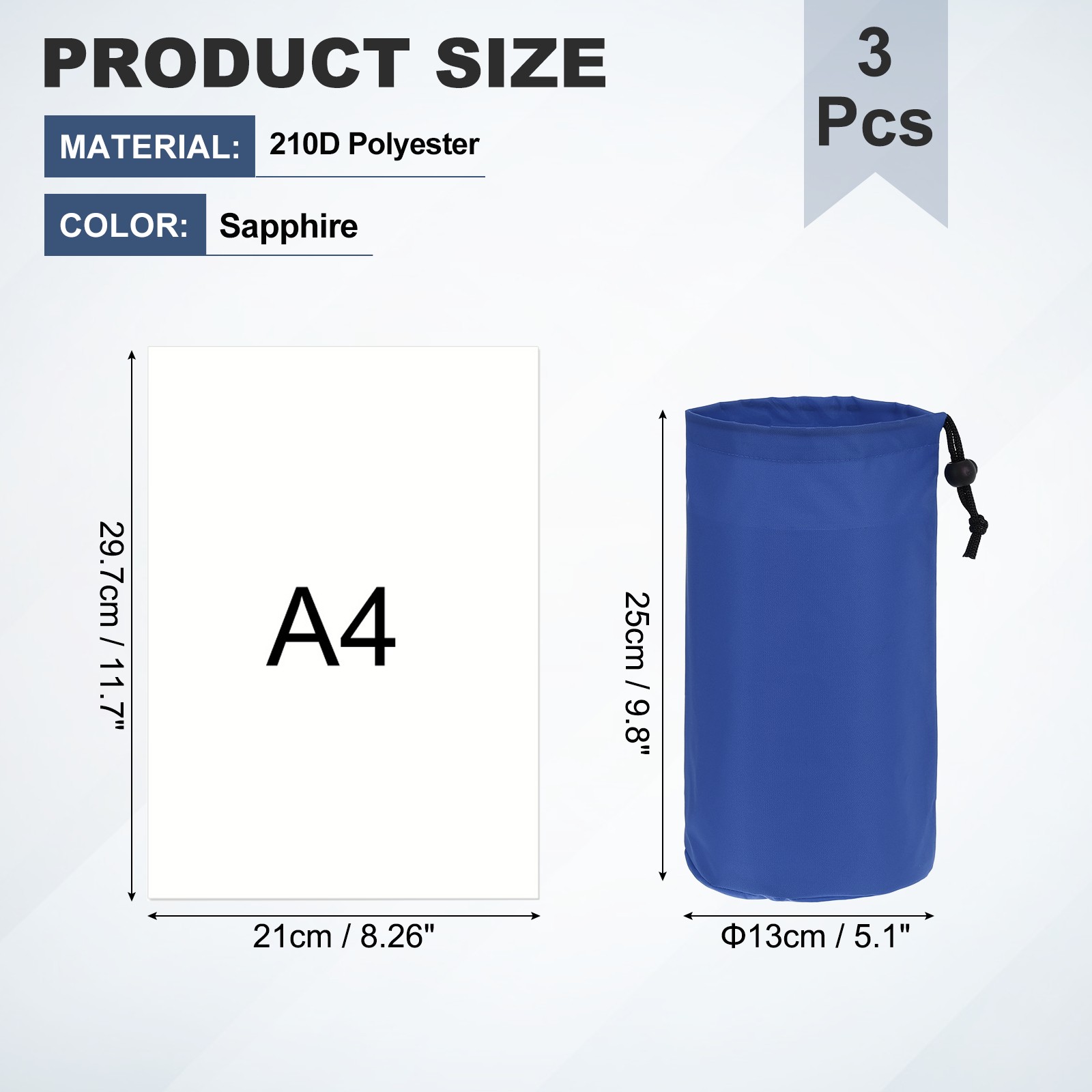 3Pack Drawstring Bag Storage Bags for Backpacking 5x10 Inch Sapphire