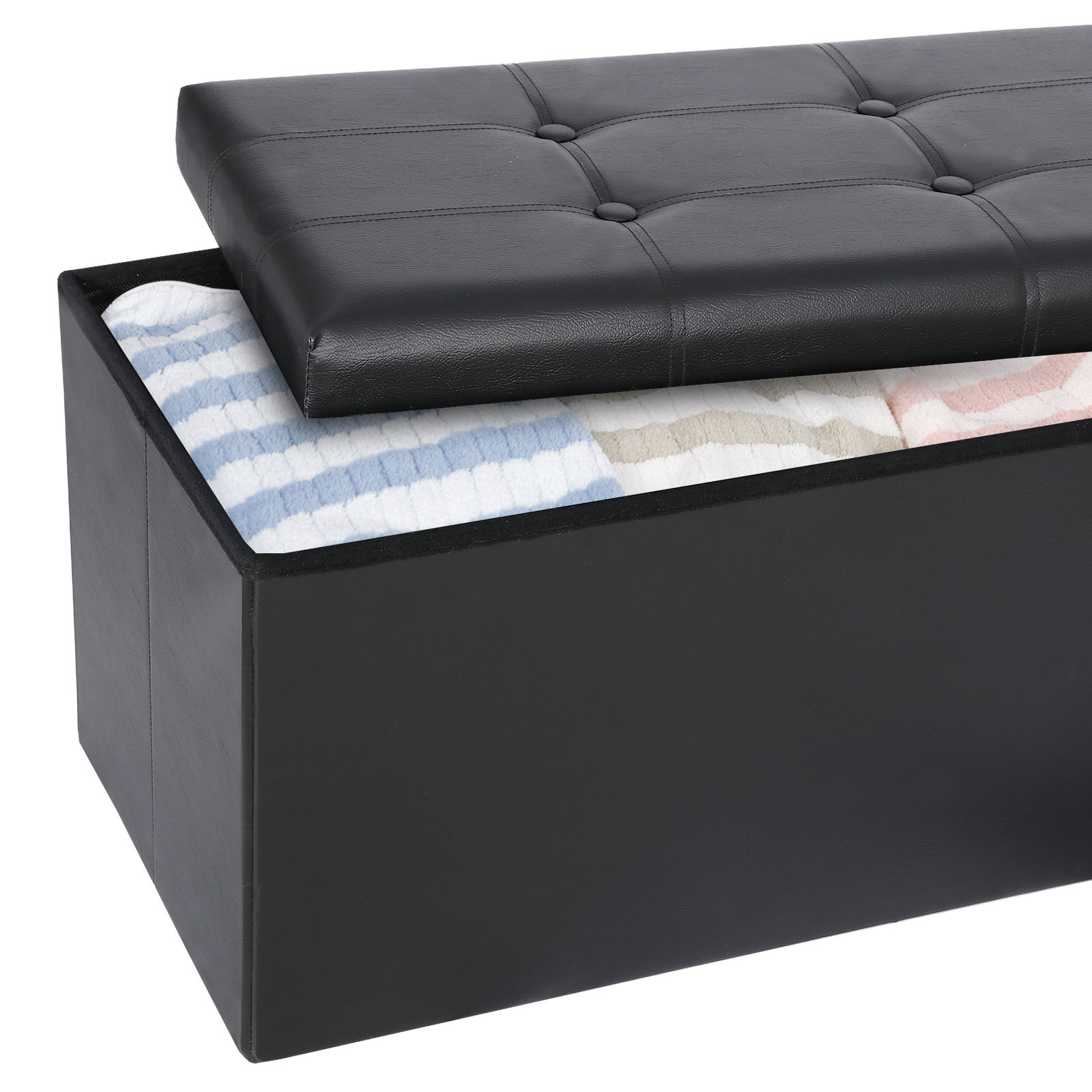 43'' Storage Ottoman Bench PVC Leather Foldable Footrest Stool w/ Divider Black