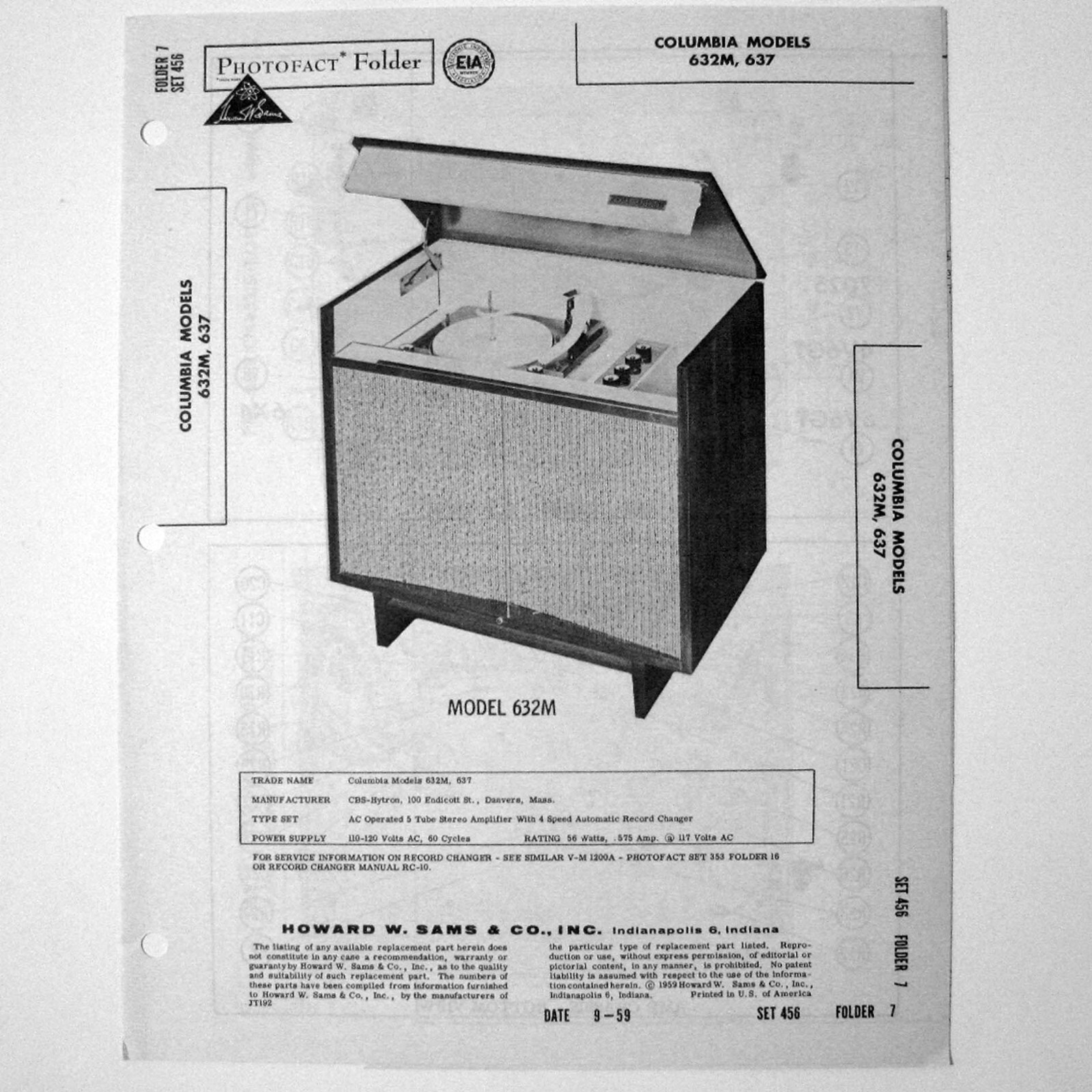 Columbia Models 632M 637 Floor Record Changer - SAMS Photofact ™ 1959 - New NOS