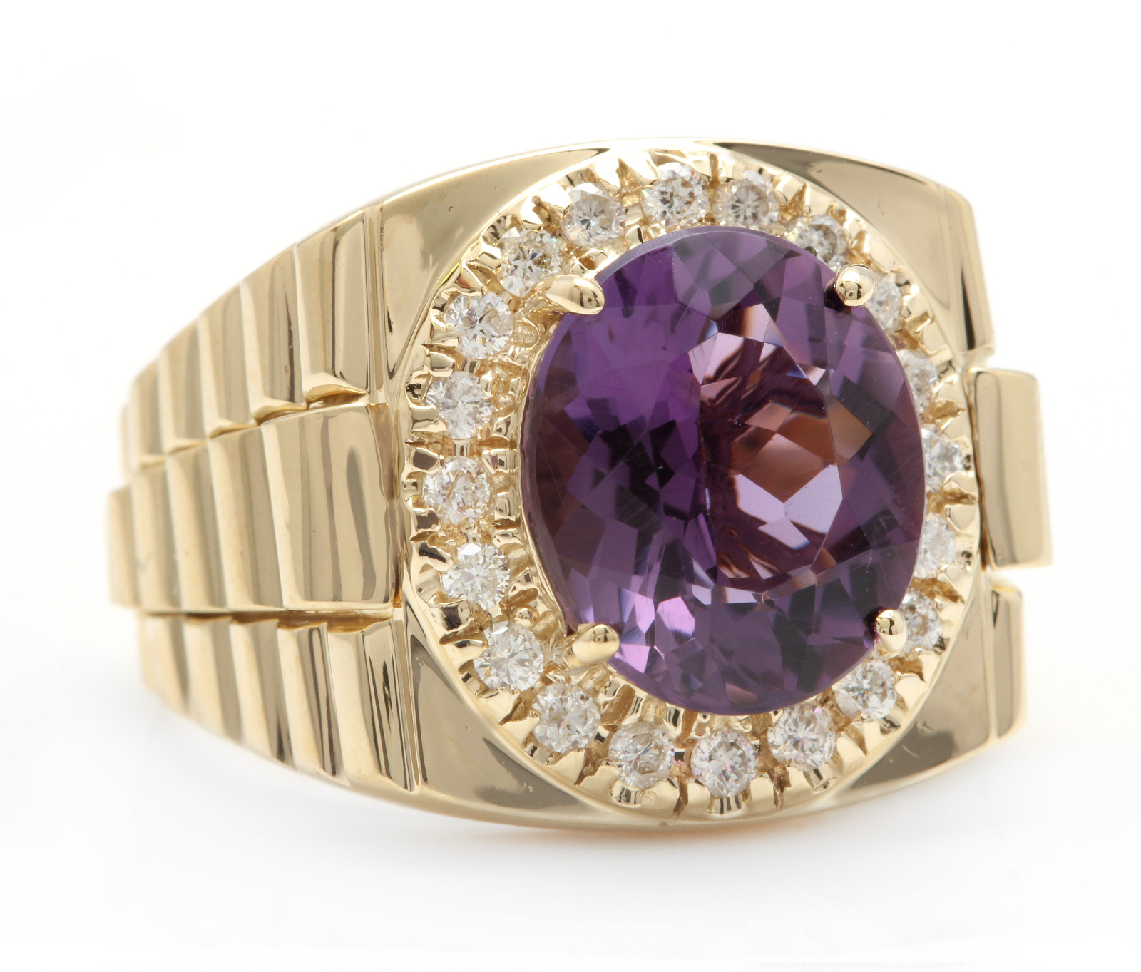 Purple Amethyst Diamond Men's Ring 10K Solid Yellow Gold Statement Ring