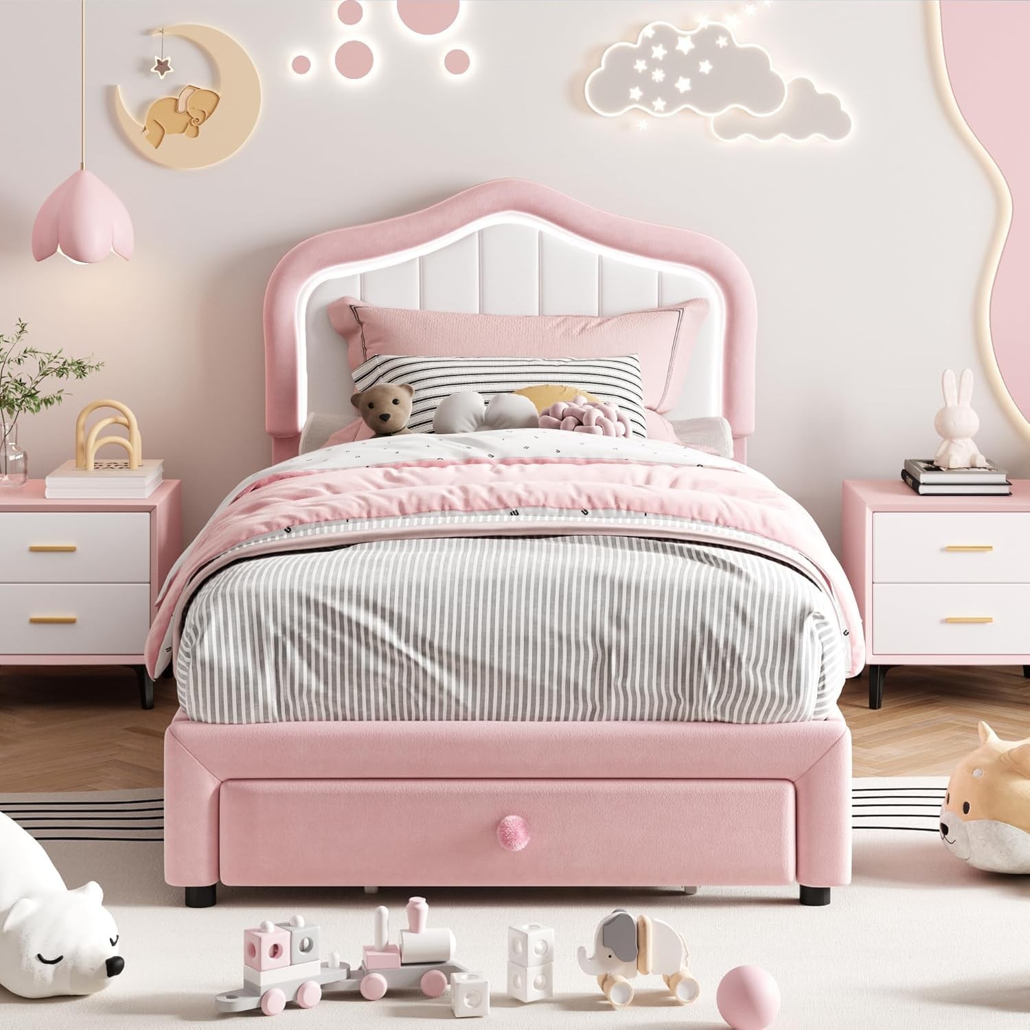 Full Upholstered Bed Frame with Storage Drawer & Smart LED Headboard for Girls