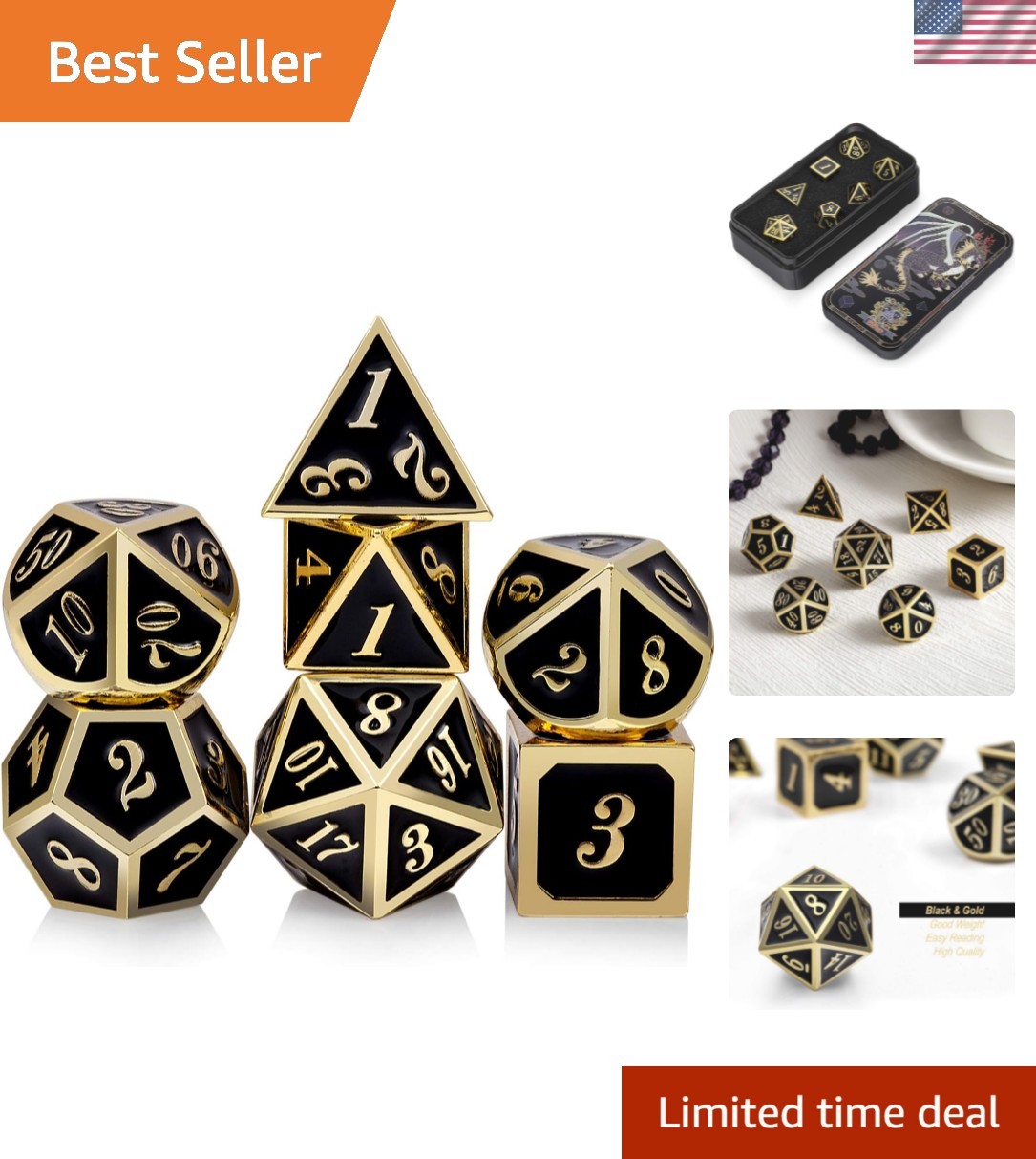 Metal Dice Set D&D, 7 die Metallic Polyhedral Dice Set with Gift Metal Box an...