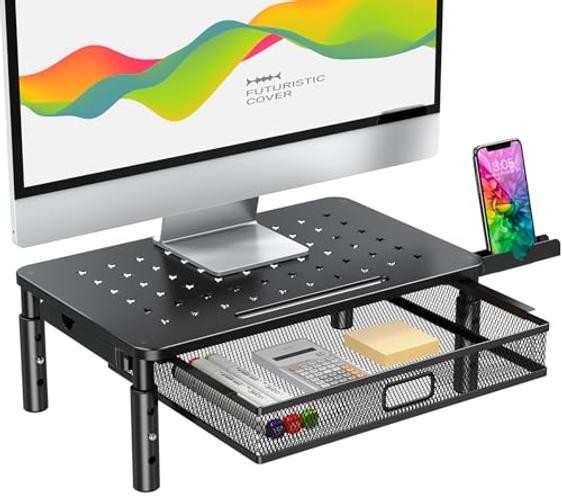 Monitor Stand Riser with Metal Mesh Drawer, Height Adjustable with Phone