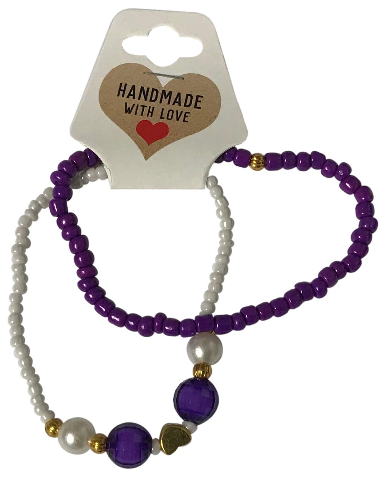 Purple and White Beaded Bracelet Set with Pearl Accent Stretch Stackable Jewelry