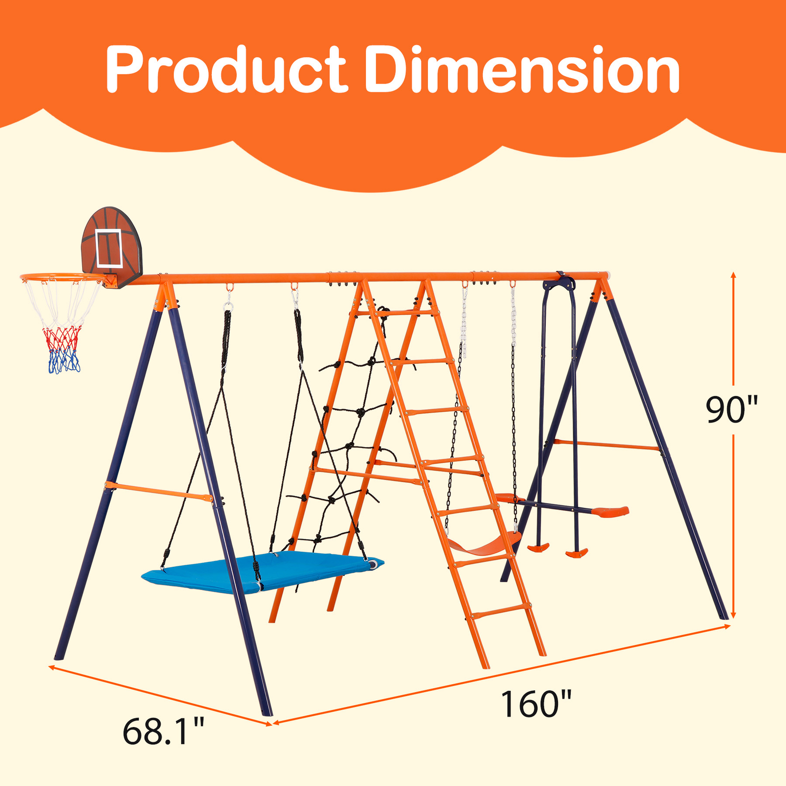 6 in 1 Swing Set Outdoor Kids Play Ground with Safety Frame for Backyard Park