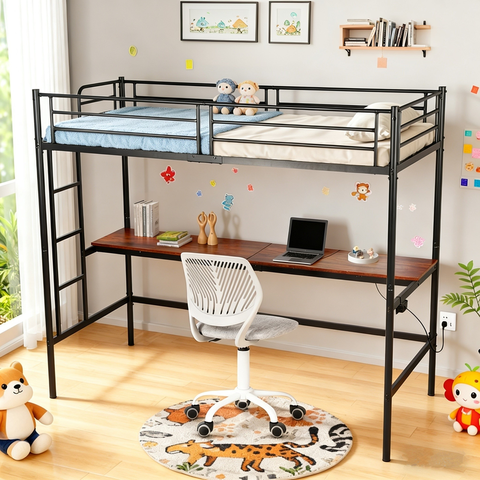 Homy Casa NALIYA Twin Metal Loft Bed with Long Desk Space Saving Workstation
