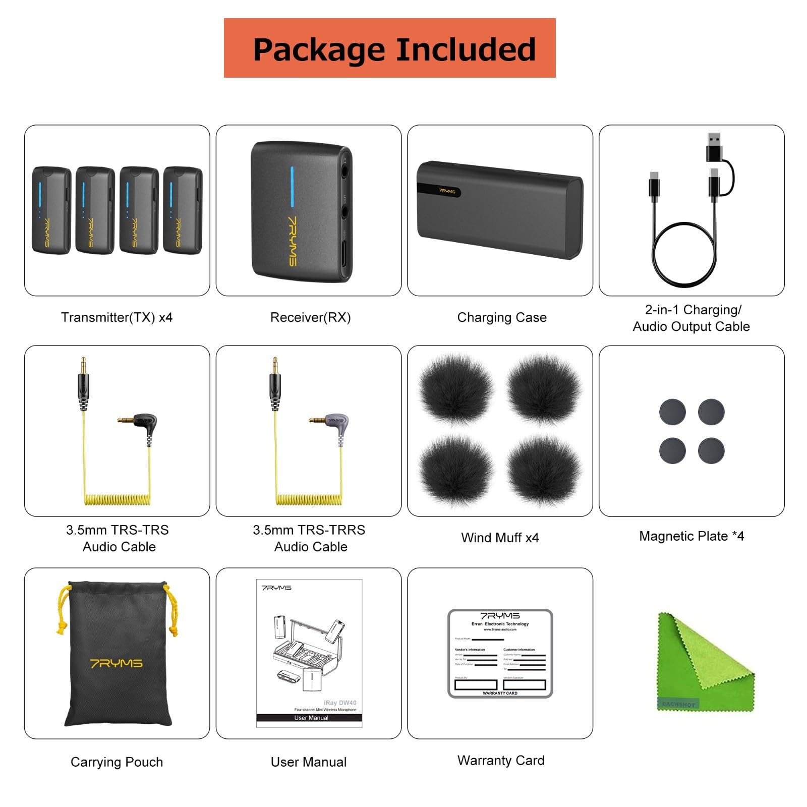7RYMS iRay DW40 Wireless Lavalier Microphone with Four Transmitters One Charging