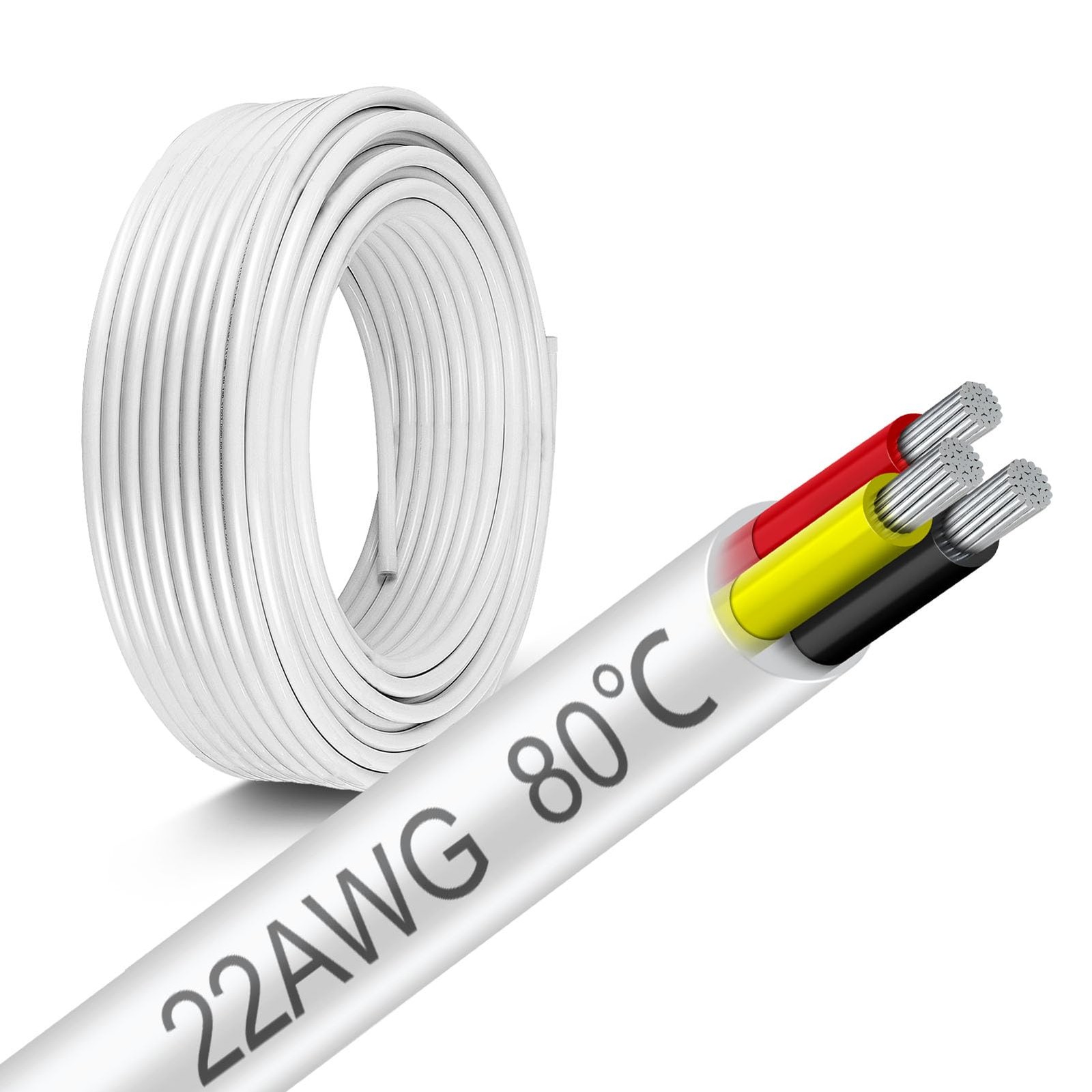22 Gauge Electrical Wire 3 Conductor, 50FT 22 AWG Stranded 50FT/15M, White