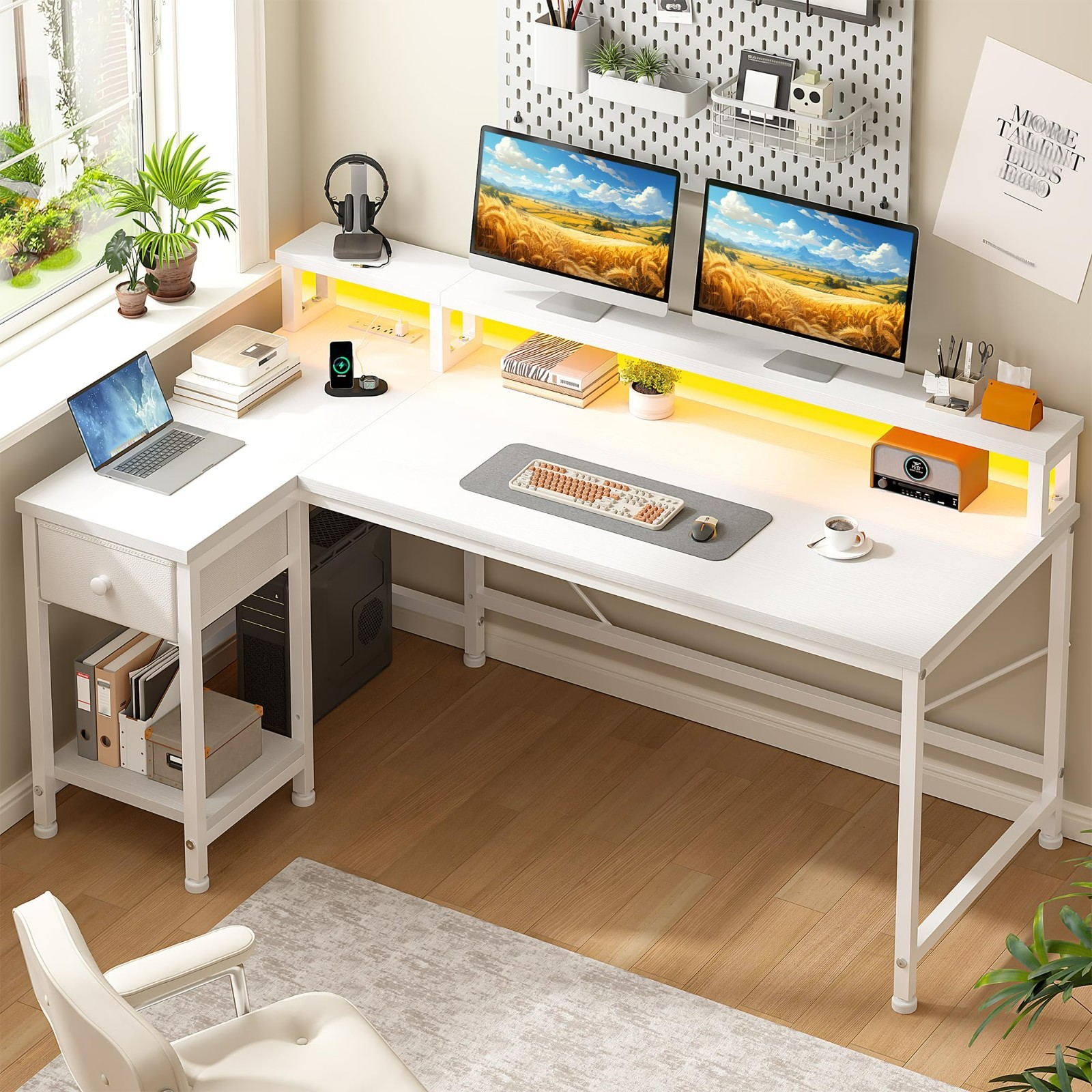 Study Table Office 40 inch L Shaped Computer Desk w/ Drawers & LED Lights,White