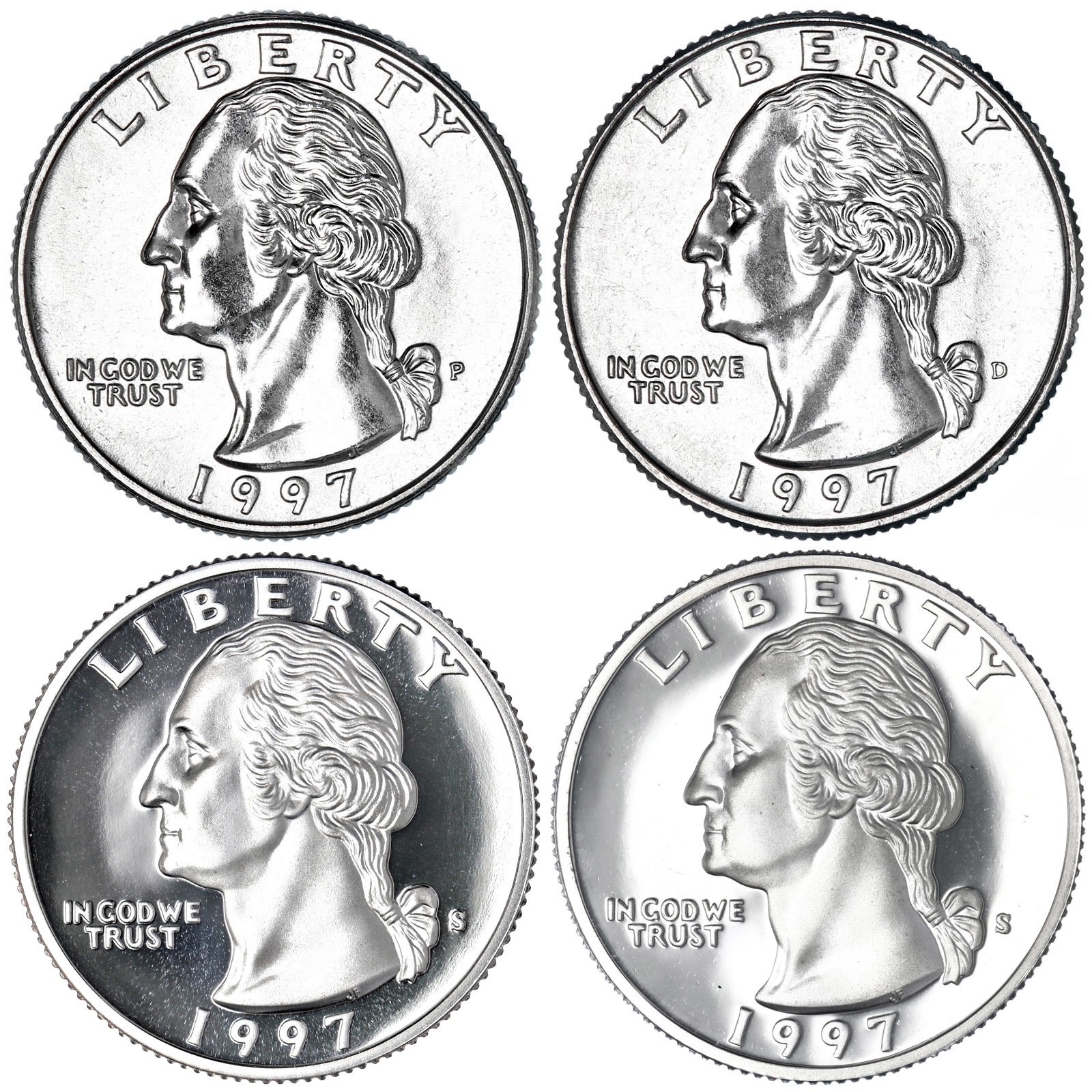 1997 P D S Washington Quarters Silver & C-N Clad Proof & BU 4 Coin Year Set