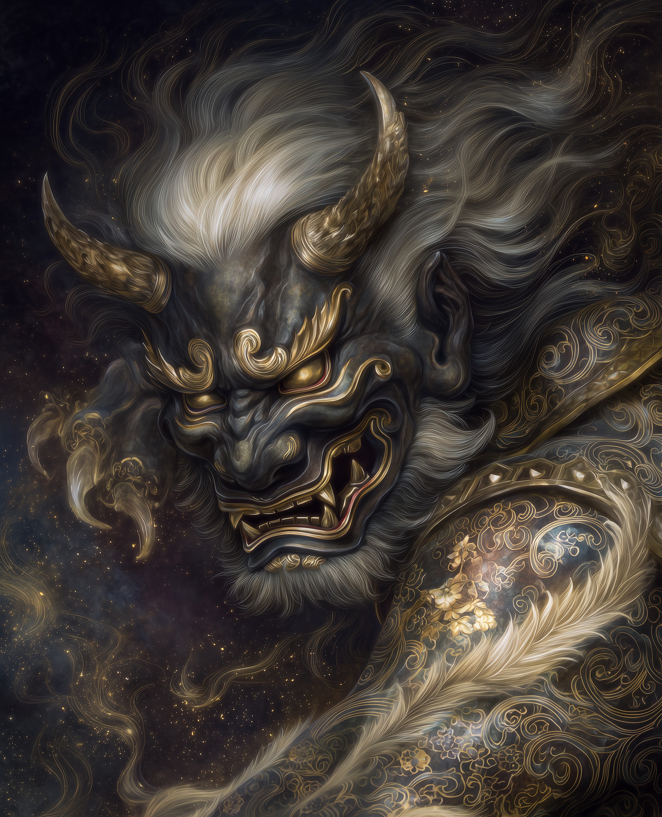 Japanese Oni Demon Face Horns Close Up Japanese Art Print - 412570753