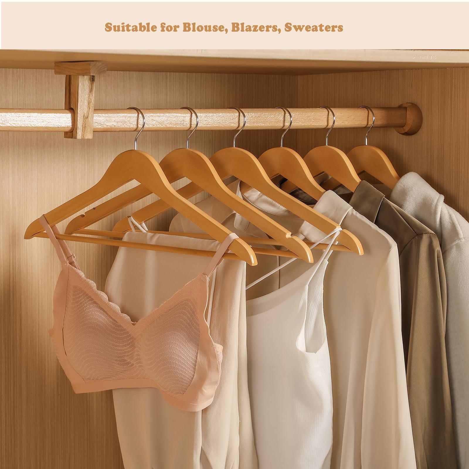20 Pack Hanger Natural Color Wood Suit Hangers with Round bar and 360° Rota-T...