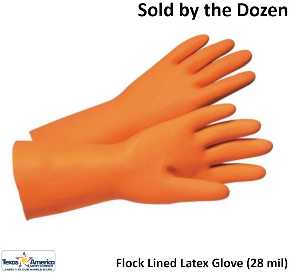 Orange Flock Lined Latex 28 Mil Glove, Sold by Dozen
