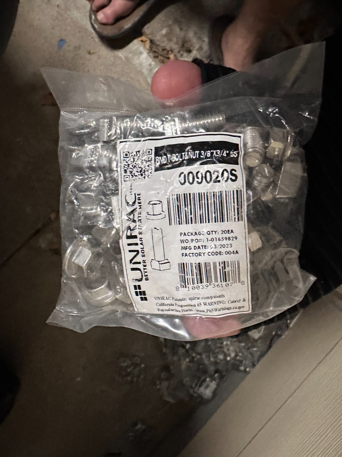 UNIRAC BONDING T-BOLT & NUT 3/8" x 3/4" SS  009020S , 100/pcs