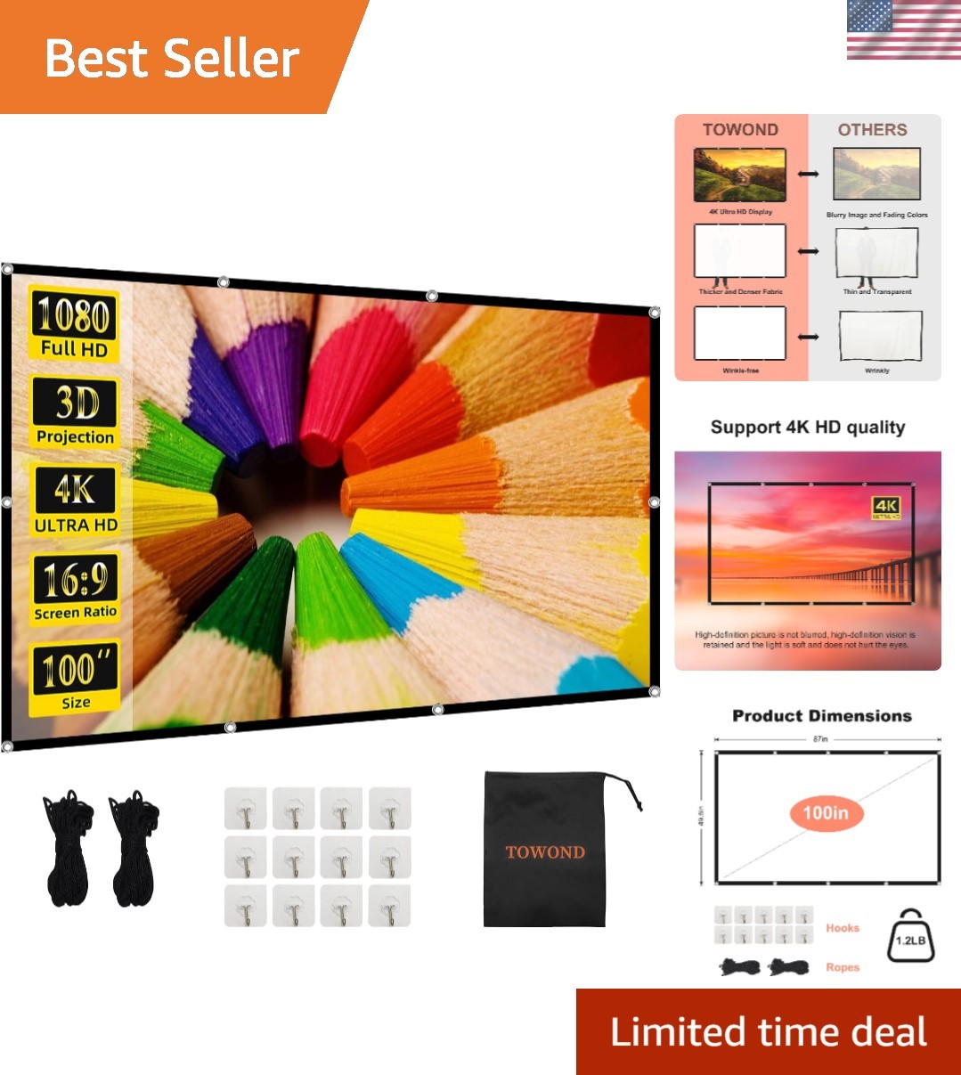 Wrinkle-Free 100-Inch Projector Screen - 16:9 HD - Clear Images for Movie Nights