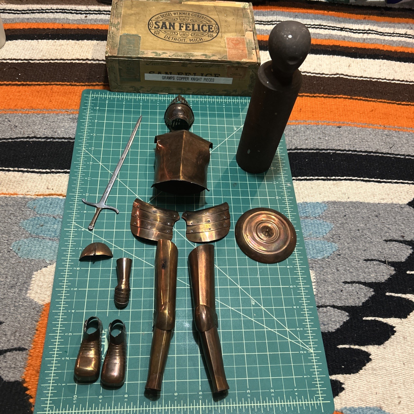 1930s-60s  12” Copper Mini Knight Armor Set + Sword Shield & Steel Stake Anvil