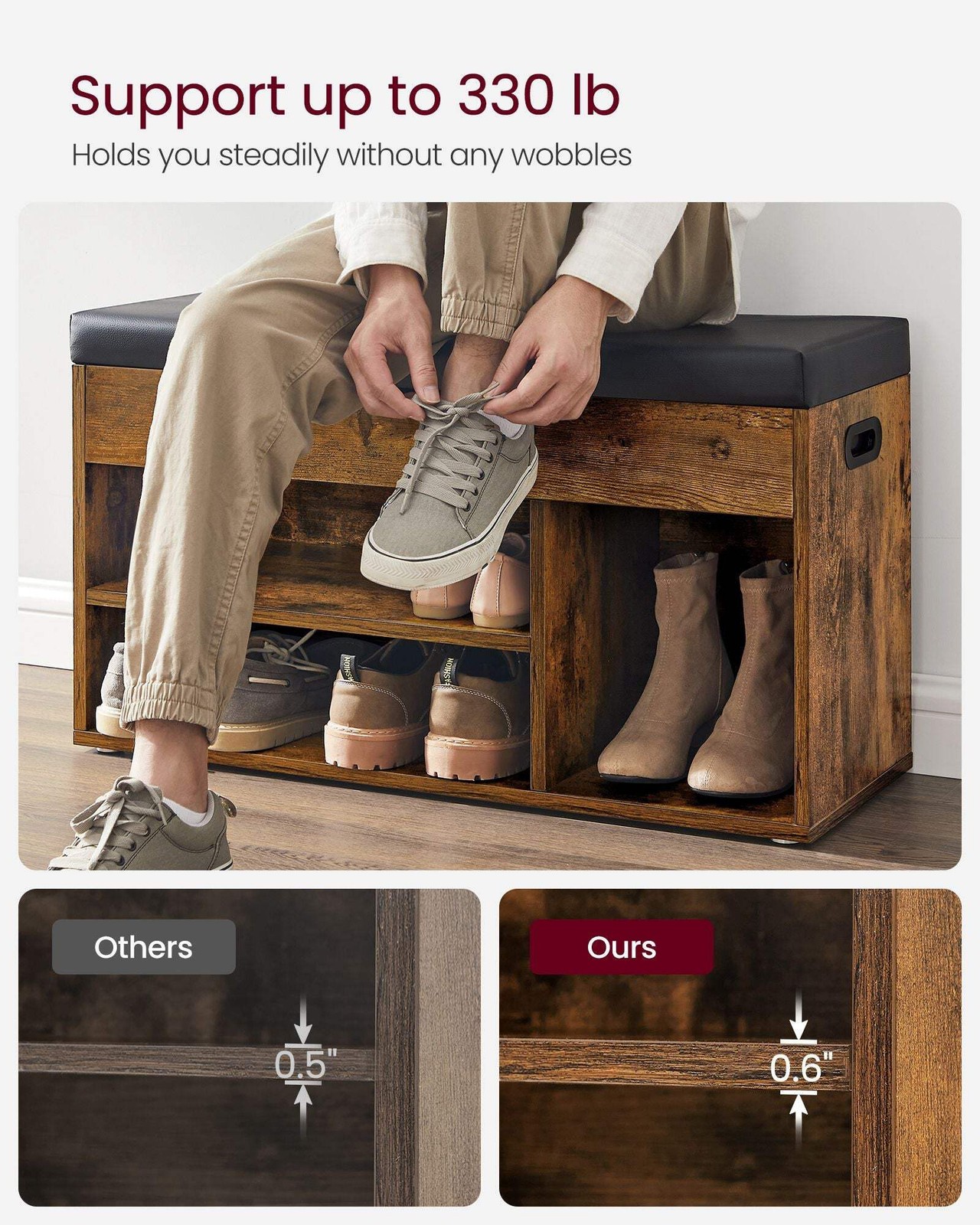 Storage Bench with Cushion, Padded Seat, 3 Compartments
