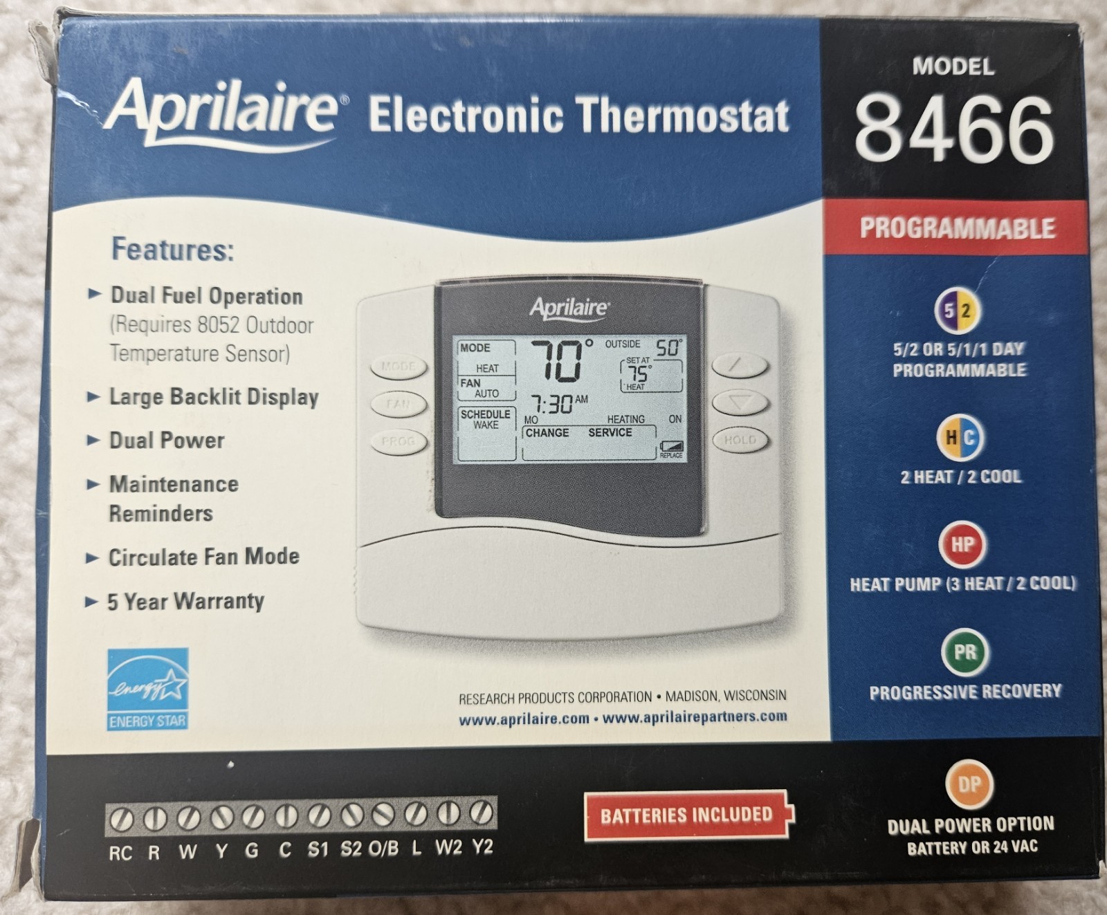 Aprilaire Programmable Thermostat Model 8466 for 2 Heat 2 Cool Systems Open Box