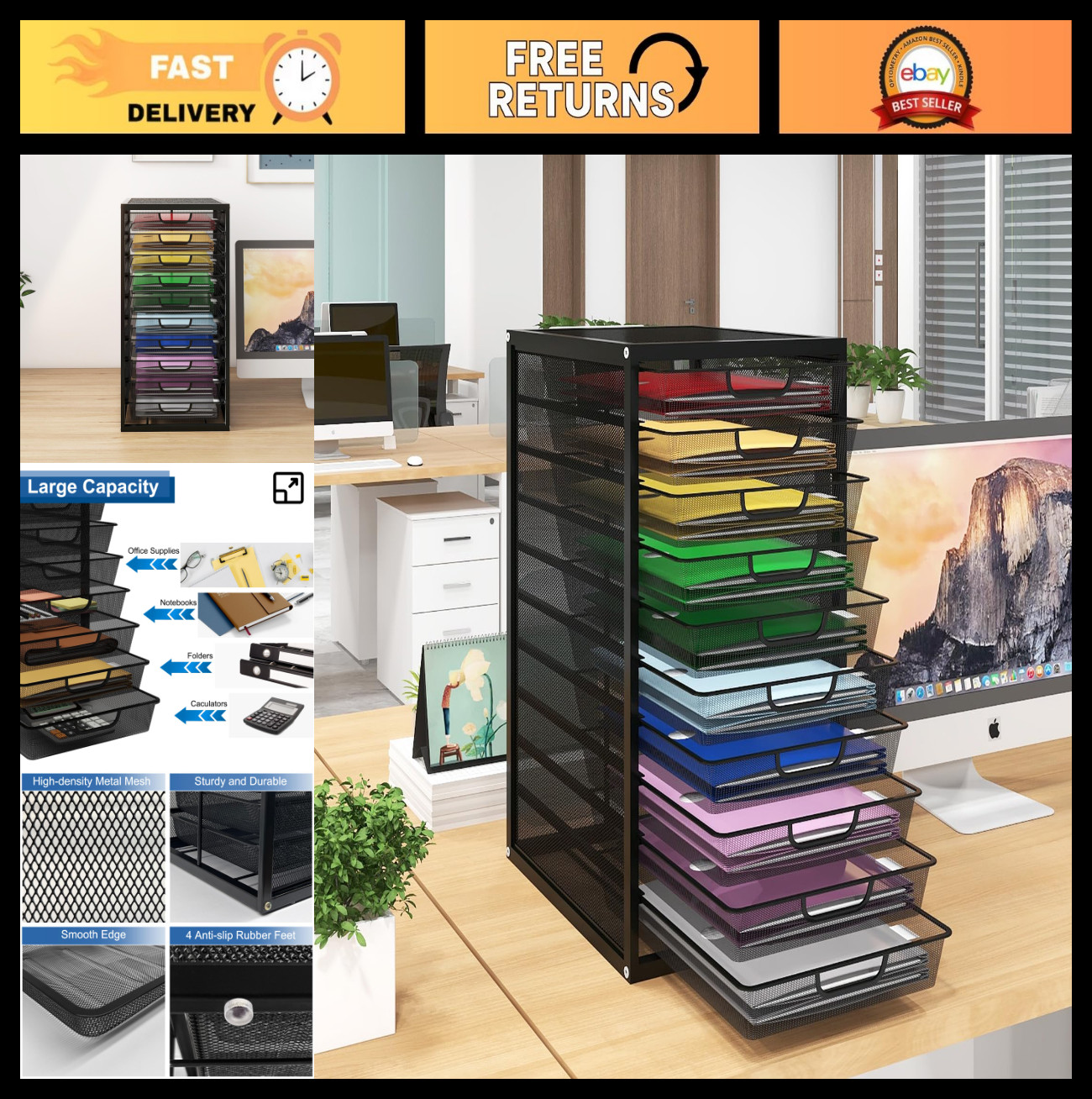 10-Tier Mesh File Organizer with Sliding Drawers - Desktop Paper Tray for Office