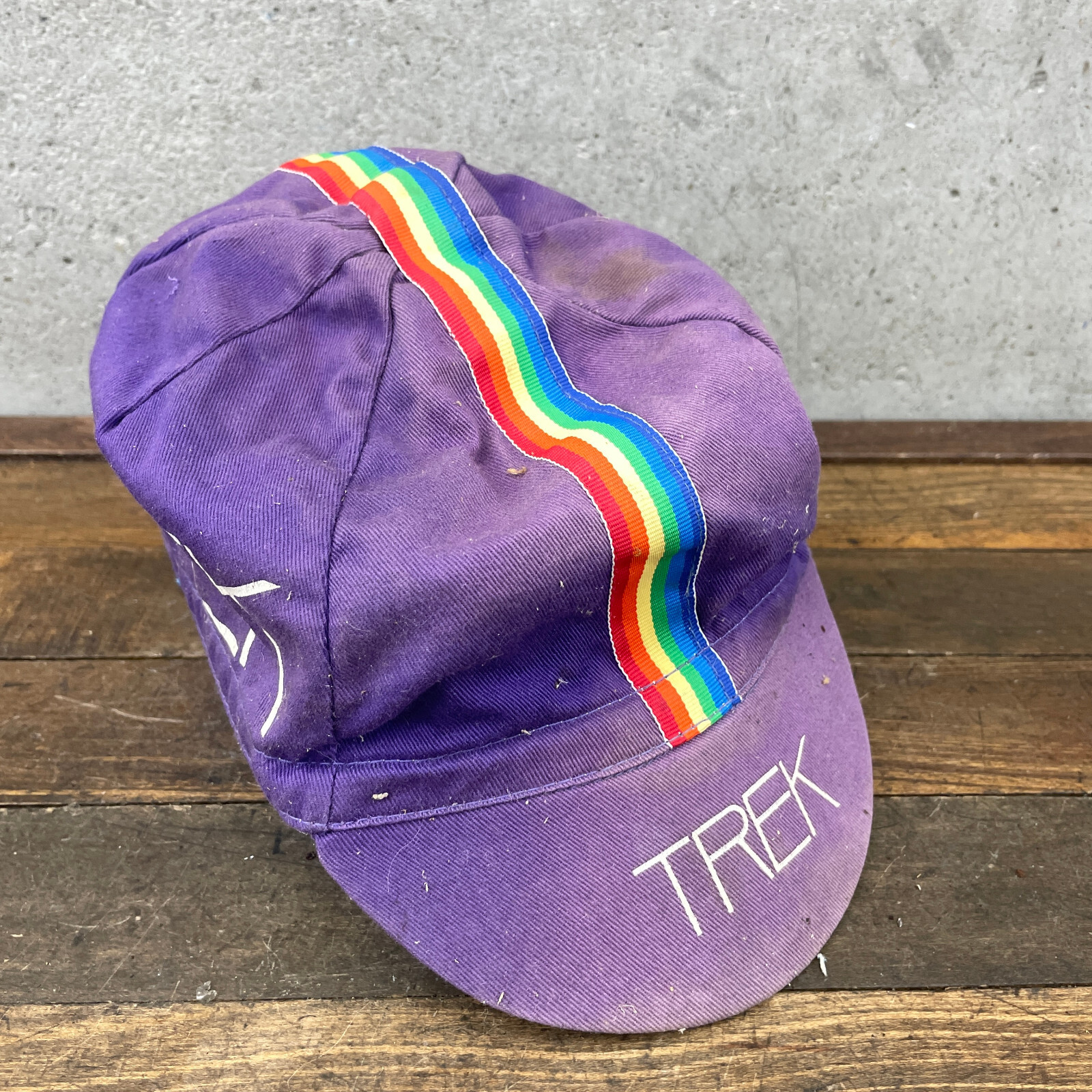 Vintage Trek Cycling Hat 70s 80s Stripe Rainbow Race Bike Eroica USA Purple