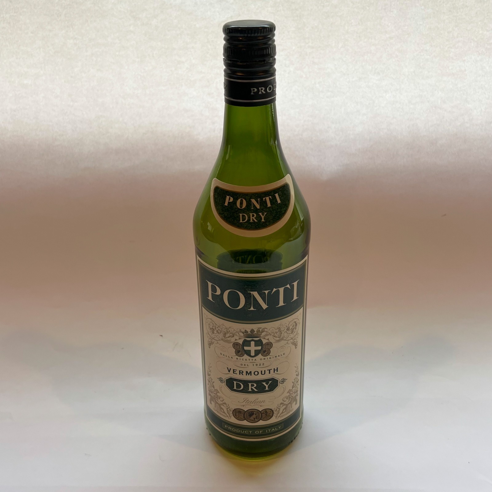 Ponti Dry Vermouth Empty Bottle, Green Bottle with cap, Made in Italy