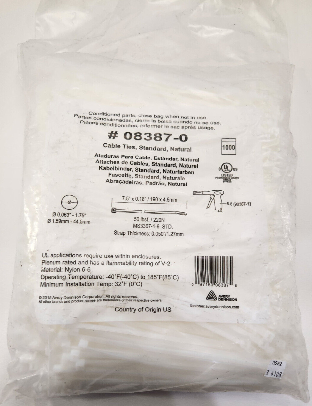 Avery Dennison - 08387-0 - Standard Natural Cable Ties - 7.5" x 0.18" - Qty 1000