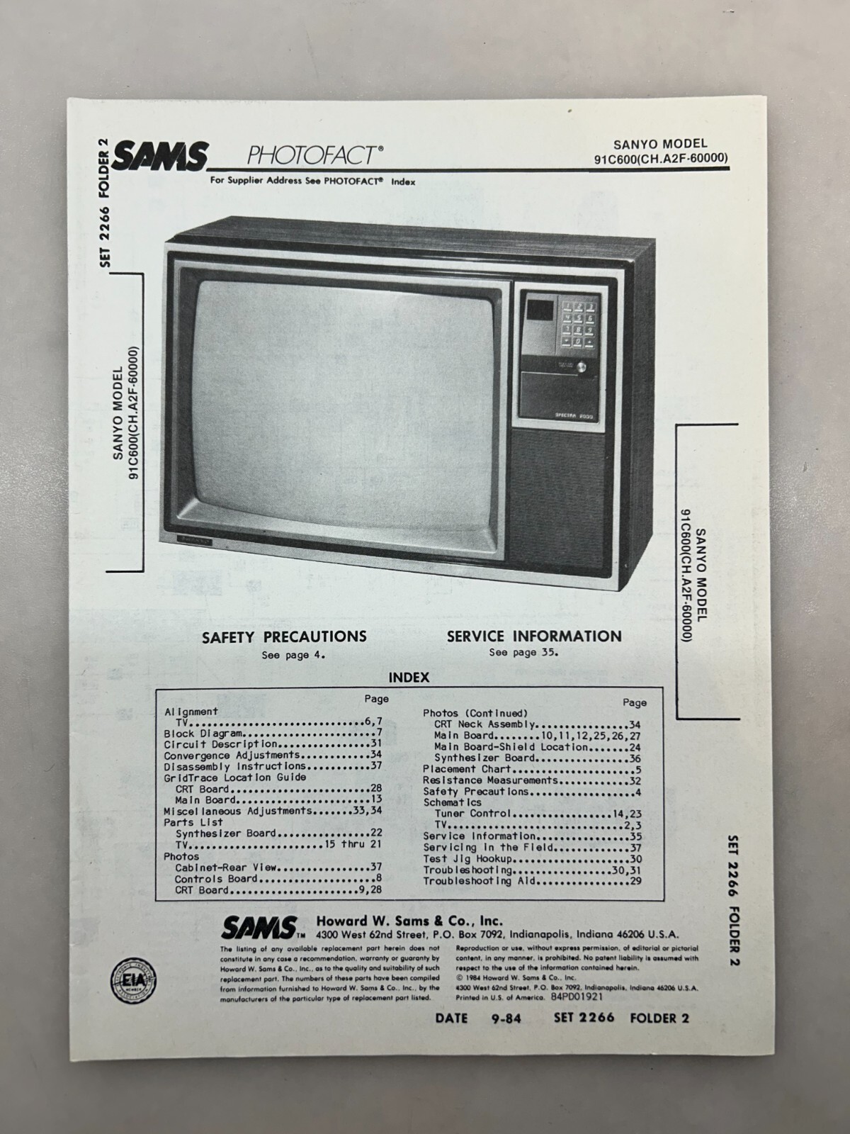 Sanyo 91C600 Service Manual Sams Photofact Free Shipping