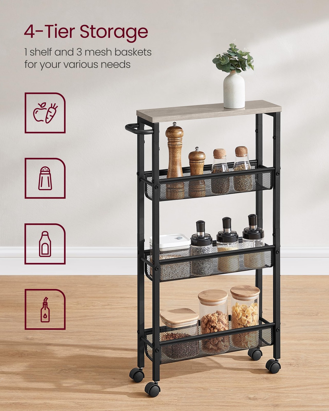 Rolling Cart 4Tier Storage Cart 5.1in Deep Handle ULRC032K01