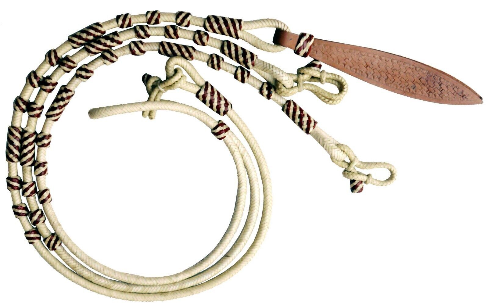 Showman Black Braided Natural Rawhide Romal Reins with  Tooled Leather Popper