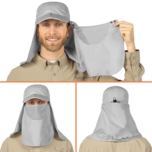 Fishing Sun Hat with Neck Flap & Face Cover, UPF50+ Wide One Size Light Grey