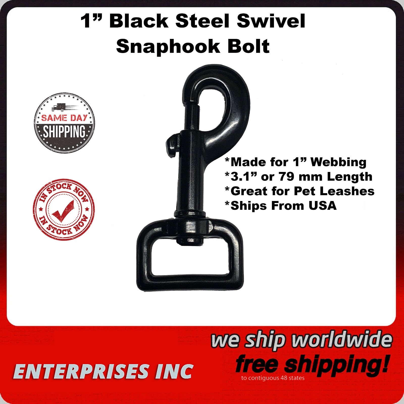 Snap Bolt 1" Black Steel Swivel Snaphook Pet Leash 3" Length Ships From USA
